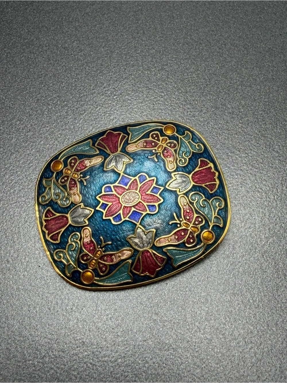 Vintage Cloisonné brooch in Teal and Pink